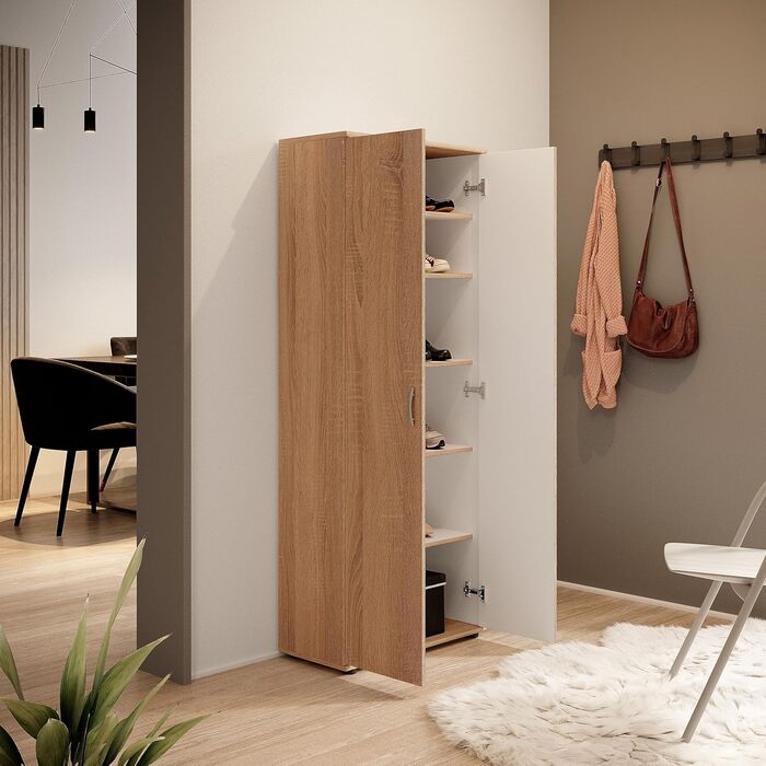 Stella Trading 3 Shoe Cabinet Tall, White - Versatile multipurpose cabinet with adjustable shelves - 70 x 176 x 35 cm (W/H/D) (Sonoma Oak)