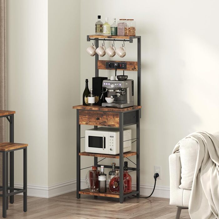 Стелаж кухонний з розетками, стелаж для пекаря, підлоговий стелаж, 34 x 48 x 139 см, стелаж для випічки з шухлядами, стелаж для мікрохвильової печі, 4 S-гачки, для кухні, вітальні, їдальні, коричневий та чорний ABRHR48UE01