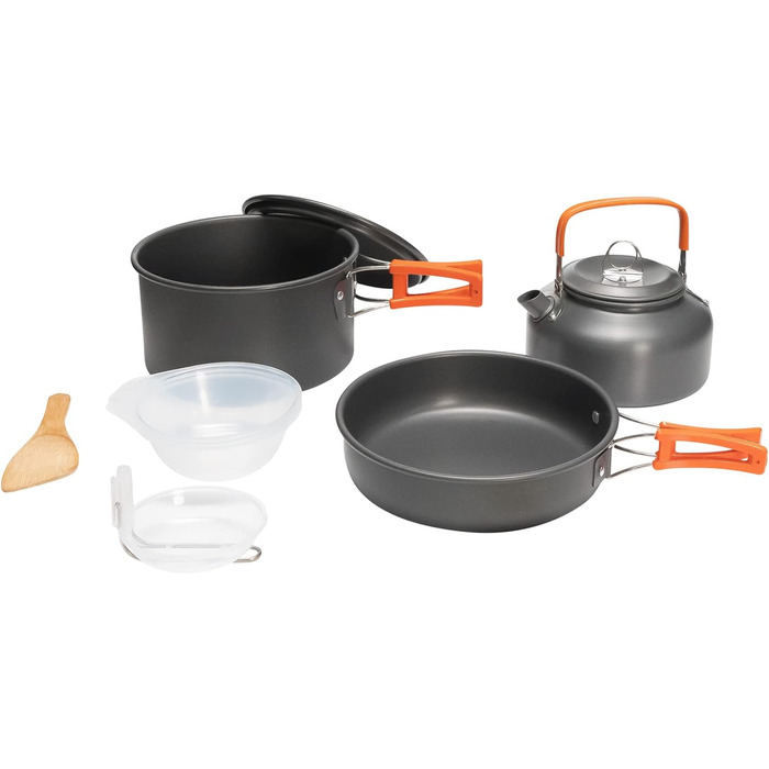 Набір кухонного посуду Grafner Premium Camping 11-ти частинний: стабільний алюміній з антипригарним покриттям, компактний, з розкладними ручками. Ідеально для кемпінгу, пікніків та подорожей на авто. Включає котел, сковорідку, чайник та інше.