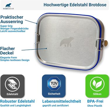 Stainless Steel Lunch Box | Lunchbox for Kids | 800 ml | Set with Dip Container 65 ml | Sliding Divider | Leak-Proof and Plastic-Free | Bread Box Snack Box