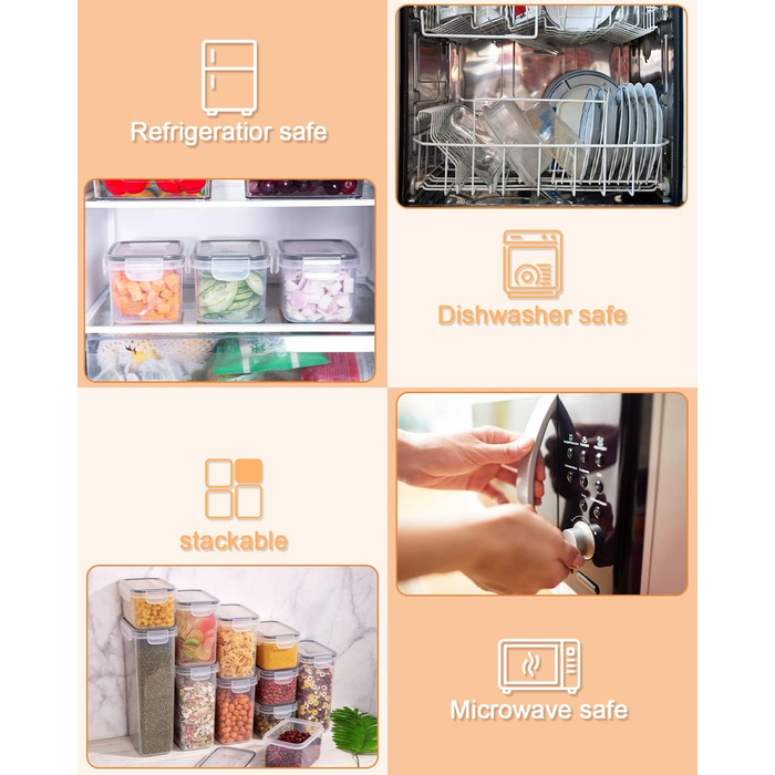 Набір контейнерів для зберігання продуктів 25 елементів (9x0.8L + 6x1.4L + 5x2L + 5x2.8L), герметичні, з кришкою, для кухні, органайзер, пластик, для спагеті, борошна, мюслі, кукурудзяних пластівців