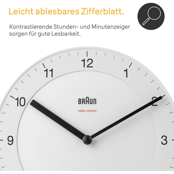 Braun Classic Radio Wall Clock, Central European Time Zone (CET/GMT+1) with a quiet movement, easy-to-read dial with a 20 cm diameter in white, model BC06W-DCF.