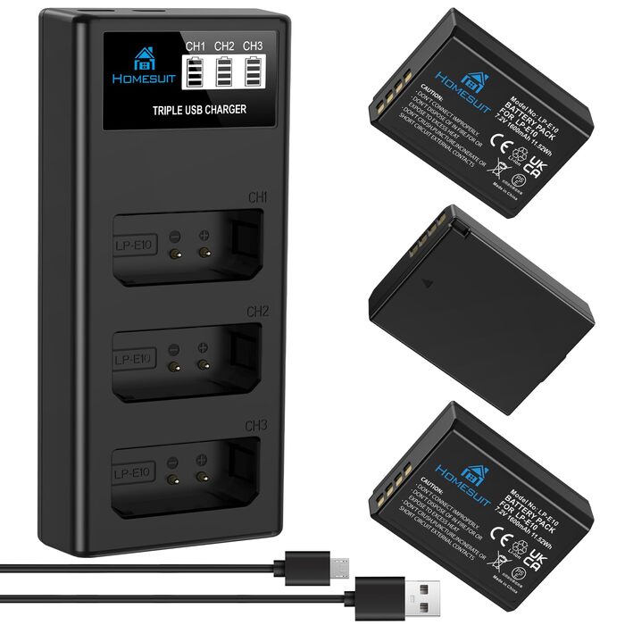 Комплект 3 акумулятори LP-E10 1600mAh та LCD-зарядний пристрій для Canon EOS 1100D, 1200D, 1300D, 1500D, 2000D, 3000D, 4000D, Rebel T3, T5, T6, T7, T100, Kiss X50, X70, X80