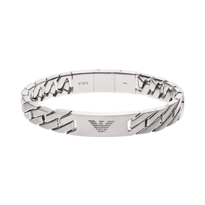 Браслет Emporio Armani чоловічий з нержавіючої сталі та шкіри з застібкою-ланцюжком, сріблясто-сірий