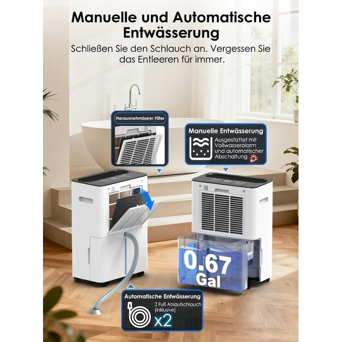 Електричний осушувач повітря з автоматичною та безперервною подачею води (шланг у комплекті), для спалень та підвалів, LED-дисплей, тихий з таймером (12л/день)