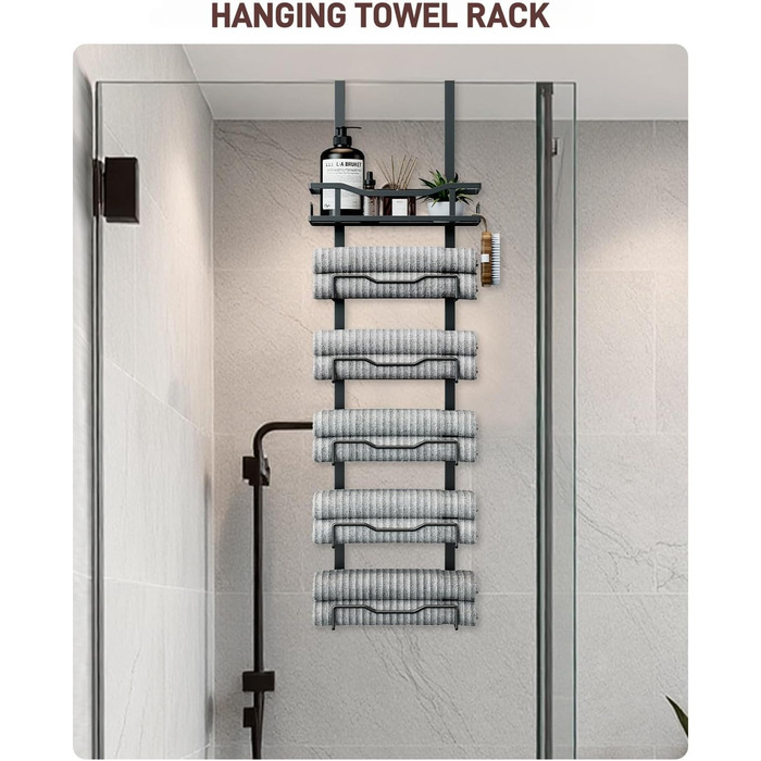 Настінний тримач для рушників у ванну кімнату, без свердління, 6-ступенева наддверна полиця для рушників, багаторівневий органайзер для рушників на двері, чорний, великий