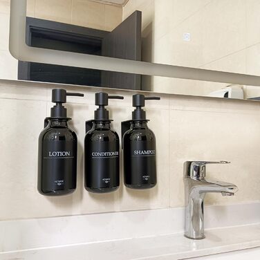 Набір дозаторів для мила та шампуню на стіну, 500 мл, 3 шт., без свердління, колір бурштиновий (чорна пляшка + чорний насос)