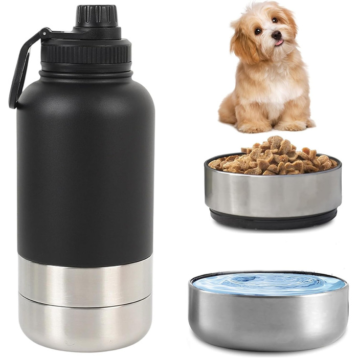 Поїлка для собак Pets Hundetrinkfasche з контейнером для корму та ручкою, 950 мл, ізольована нержавіюча сталь, BPA-free, для подорожей та прогулянок (кремово-білий, чорний)