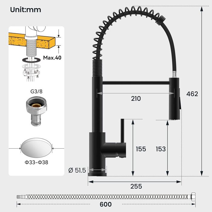 Кран кухонний CECIPA з висувною лійкою, високий поворотний вилив, 360° оберт, нержавіюча сталь, чорний
