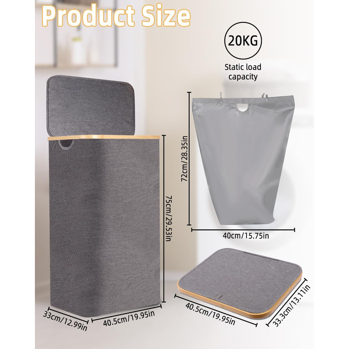Laundry Basket with Lid 100L, Laundry Box with Bamboo Handles and Inner Pocket, Bamboo Laundry Collector, Large Capacity, Laundry Baskets, Foldable Laundry Baskets for Laundry Room, Bedroom, Bathroom (Gray)