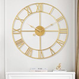 Maxstar Modern Roman Numeral Large Wall Clocks, Non-Ticking Round Metal Silent Vintage Wall Clock for Living Room, Kitchen, Bedroom, Garden Decor - Gold 40cm