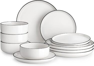 MALACASA, Luna Series, 12-Piece White Porcelain Dinnerware Set – Combination Set, including 4 Dinner Plates, 4 Dessert Plates, and 4 Cereal Bowls for 4 people
