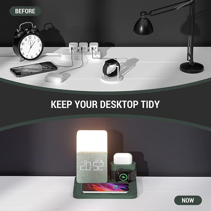 Бездротовий зарядний пристрій COLSUR 3 в 1: зарядка, нічник, будильник (зелений)