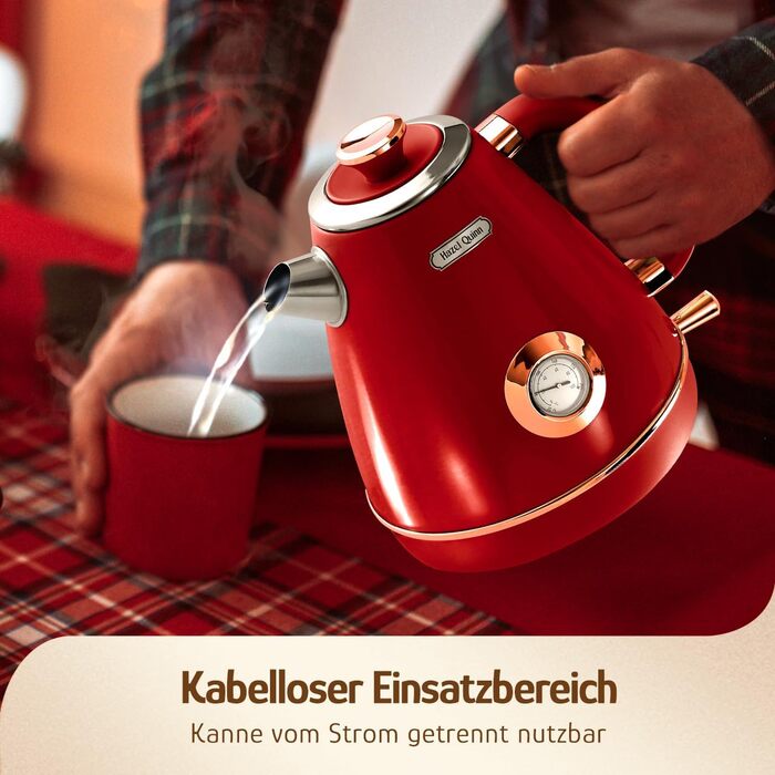Електричний чайник Hazel Quinn Retro з термометром, з нержавіючої сталі, без пластику, 1.7 л, 2200 Вт, автоматичне вимкнення, вінтажний дизайн, Rudy Rot