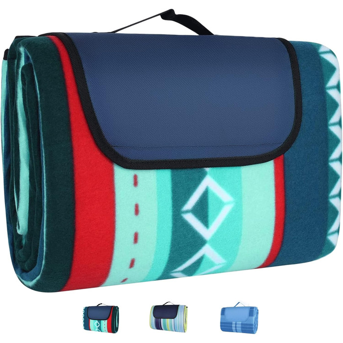 LIFERUN Outdoor Picnic Blanket, 300x300cm, with waterproof backing, Waterproof Picnic Blanket with Carrying Handle, for Camping, Picnic, Hiking, BBQ, Travel Camping Blanket, Green Striped