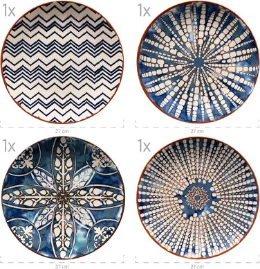 MÄSER 934017 Iberico Blue 12-piece tableware set for 4 people in Moorish style, plate set with various vintage patterns in white and blue, stoneware