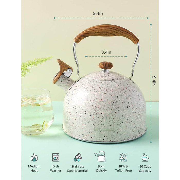 Чайник BELANKO 2,5 л з свистком, нержавіюча сталь, з дерев'ястим декором, складаний ручка, для чаю, кави, молока – блакитний (Starry White)