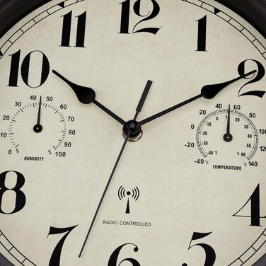 Foxtop Funk Wall Clock, Indoor Outdoor Weatherproof Wall Clock with Temperature Display and Hygrometer, No Ticking Sounds Silent Retro Clock for Terrace Bathroom Kitchen Living Room Home Decor (Bronze, 30cm)