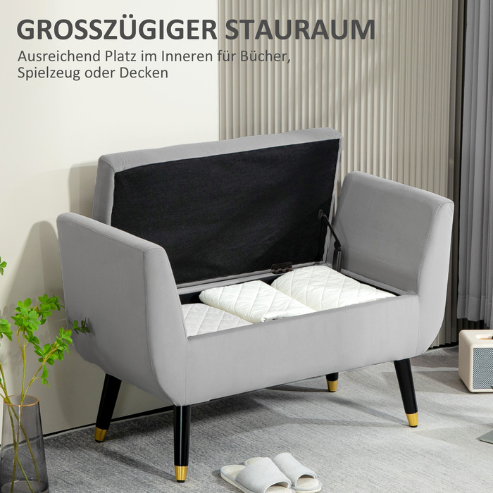 HOMCOM Luxury Bench, Upholstered Bench with Storage, Armrests, Trunk Bench, Velvet-like Polyester, Rubberwood, Light Gray, 107 x 42 x 65 cm | Aosom