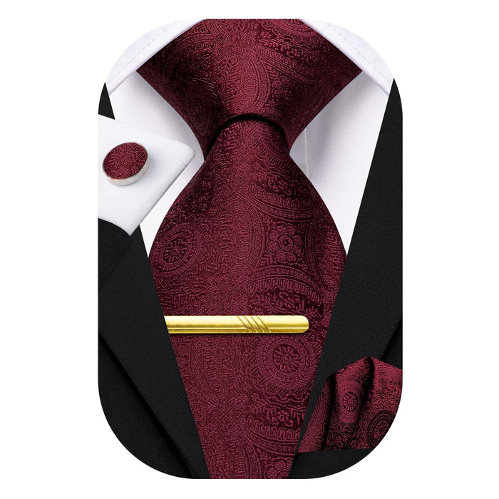Набір краватки, нагрудного хустинки та краваткових затискачів Hi-Tie, золотий колір, темно-червоний візерунок павлина, для весілля та свят