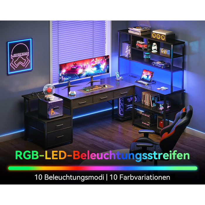 Комп'ютерний стіл Coleshome L-подібний з 5 ящиками та 4 полицями, 180x100 см, з LED-підсвічуванням, розетками та USB, для дому та офісу, білий/чорний