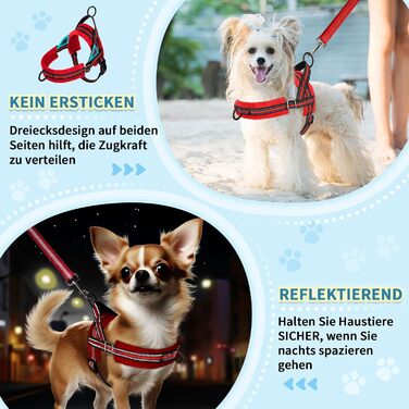 Нашийник для собак середнього та малого розміру з повідком, м'який, не тягне, з 2 кліпсами для повідка, легкий, світловідбиваючий, регульований (Червоний, XS)