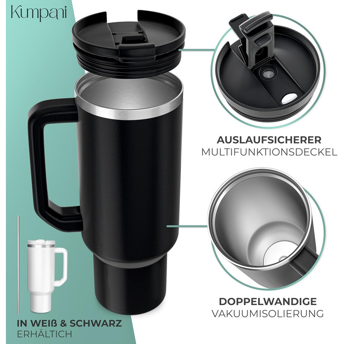 Personalized Insulated Tumbler - 40oz with Engraving - Custom Name or Logo, Leak-Proof, BPA-Free, with Lid & Straw - White (Black Accent)
