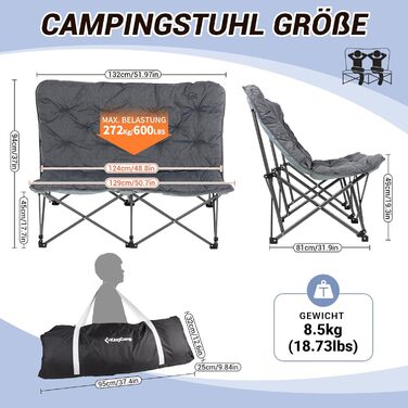 Складний туристичний стілець KingCamp XXL для відпочинку на природі: великий, з підлокітниками та сумкою, сірий, на 2 особи
