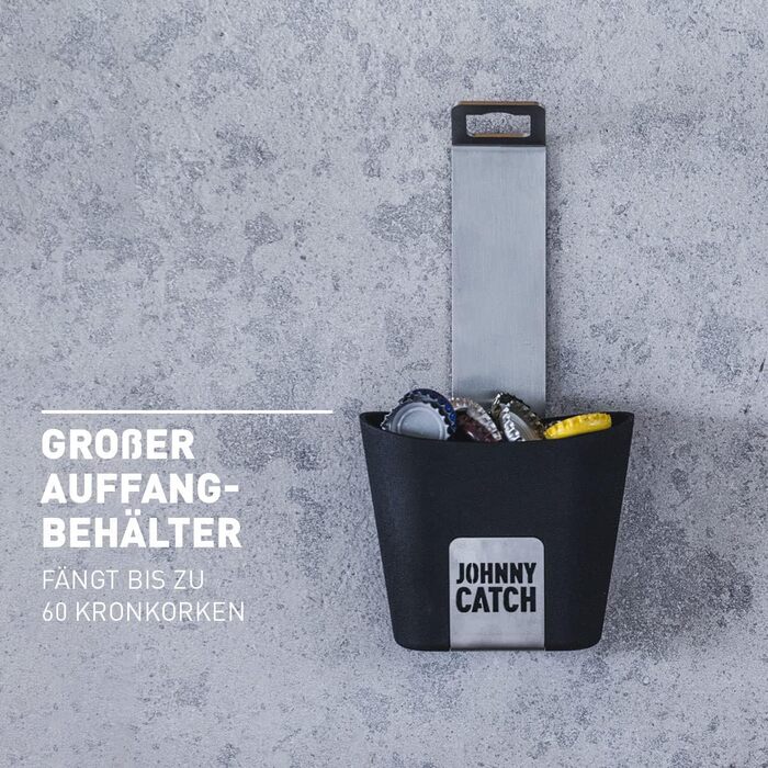 Höfats Johnny Catch Cup сріблястий – настінний відкривачка для пляшок з нержавіючої сталі з контейнером для кришок, безсвердлова установка, вміщує до 60 кришок