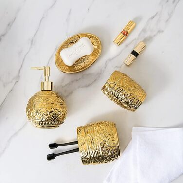 Набір аксесуарів для ванної кімнати, 4 шт. з золотим декором: мильниця, дозатор для мила, стакан та тримач для зубних щіток