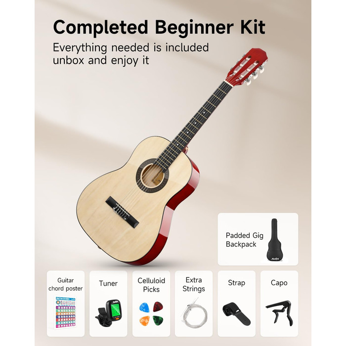 Акустична гітара Moukey для початківців, дітей, підлітків та дорослих, Cutaway, повний комплект з тюнером, мешком, медіатором та нейлоновими струнами (36 дюймів, натуральний колір)