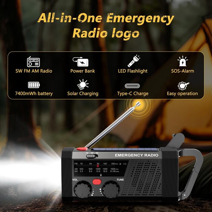 Радіопортативне аварійне Kurbelradio з сонячною та батарейкою, AM/FM/SW, ліхтарик, SOS-сигнал, набір для виживання для кемпінгу, Powerbank 7400mAh