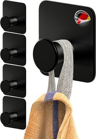 Набір гачків для рушників 4smile - 5 шт. без свердління, чорний колір, для ванної кімнати, самоклеючі, extra-strong, з 3M-клейкими панелями
