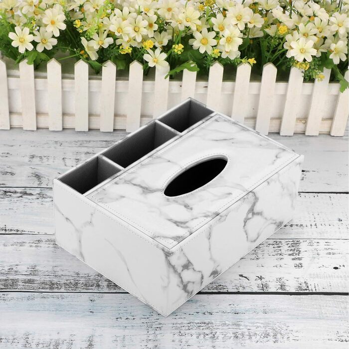 BSTKEY Tissue Box Rectangular Faux Leather Tissue Box with Remote Control (White Marble)