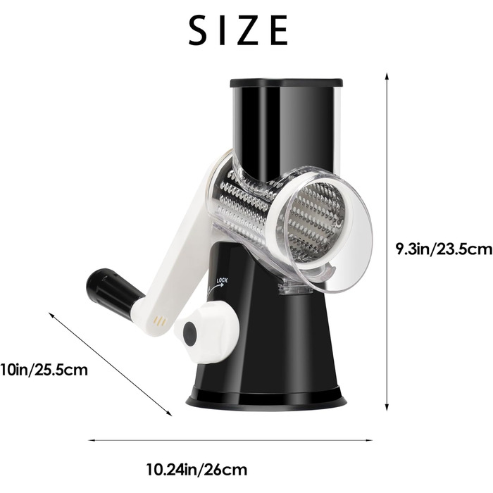 Ручна тертка Ourokhome Rotary: тертка для сиру, овочів, горіхів, картоплі, моркви (3 леза, чорний)