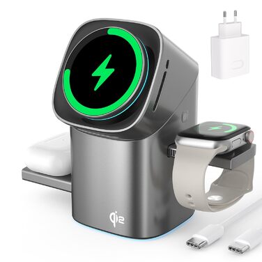 Зарядна станція QI2 3-в-1: бездротовий зарядний пристрій для iPhone, AirPods, iWatch з охолодженням та тримачем, 33W адаптер, срібний