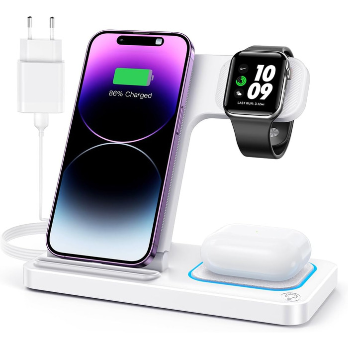 Зарядний станція 3-в-1 для Apple Watch, iPhone та iPod від Dumterr. Підтримка iPhone 16, 15, 14, 13, 12, 11 Pro Max, AirPods. Бездротова зарядка, складна та портативна.