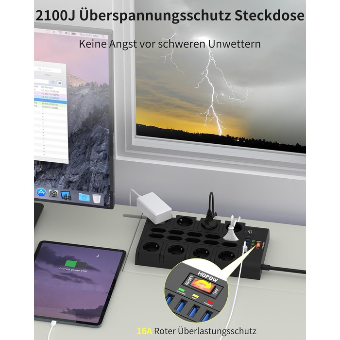 Многорозетка на 18 розеток з USB (4 USB-A, 2 USB-C), мережевий фільтр, 3680W, 2100J, 2 м кабель, для офісу та дому