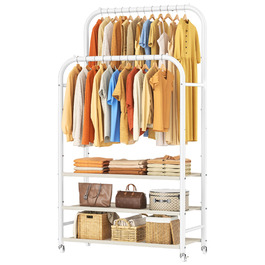 Вішалка для одягу HOMIDEC з 3 полицями, подвійна штанга на колесах, металевий каркас, біла - до 80 кг