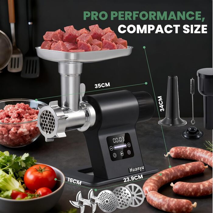 М'ясорубка електрична Huanyu 2000 Вт з сенсорним керуванням, багатофункціональна з 2 ножами та 3 дисками