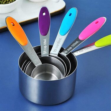 Measuring spoons, stainless steel, silicone handle, measuring spoons, measuring cup set, kitchen scale, measuring and spice spoons, measuring spoon set (multicolored, 10 pieces) (multicolored measuring cups, 5 pieces)