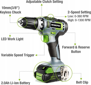 Акумуляторний шуруповерт Workpro 20 В B08CTVFJVR