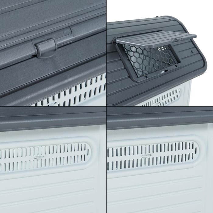 Будка для собак на вулицю Bello - вологостійка годівниця для собак з дахом та вентиляційними отворами, 87 x 72 x 75 см, пластикова, білий/сірий колір