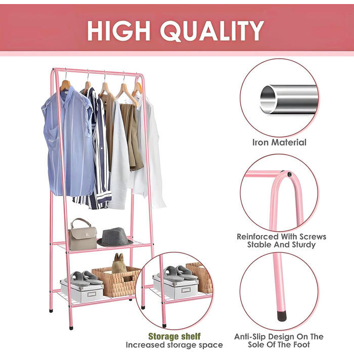 Стійка для одягу з роликами, рожева – міцна стійка для зберігання одягу
