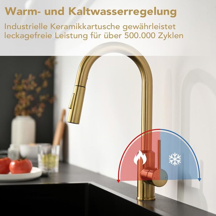 Змішувач кухонний з висувною лійкою та душовою насадкою, поворотний на 360°, 2 режими, нержавіюча сталь (золотий)