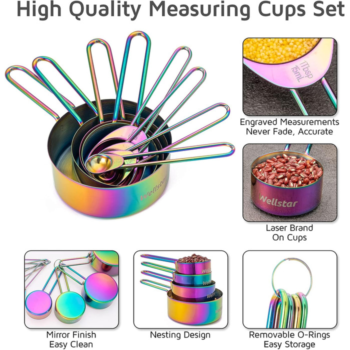 WELLSTAR Measuring Cups and Spoons Set, 4 Measuring Cups & 4 Measuring Spoons, with Stainless Steel Handles for Kitchen Cooking Baking, 8-Piece Set, Measuring Spoon Set for Dry and Liquid Ingredients