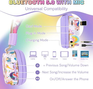 Дитячі навушники JYPS для школи та планшета (3-10 років), бездротові, з мікрофоном, фіолетові