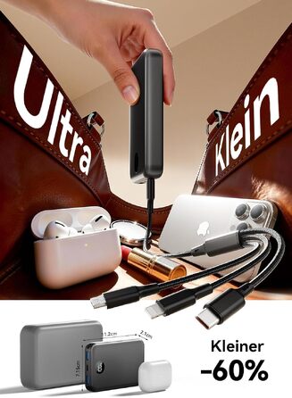 Повербанк 27000mAh з вбудованим кабелем 3-в-1 та LED-дисплеєм, швидка зарядка для iPhone 17/16/15, Samsung, iPad, компактний зовнішній акумулятор для подорожей, чорний