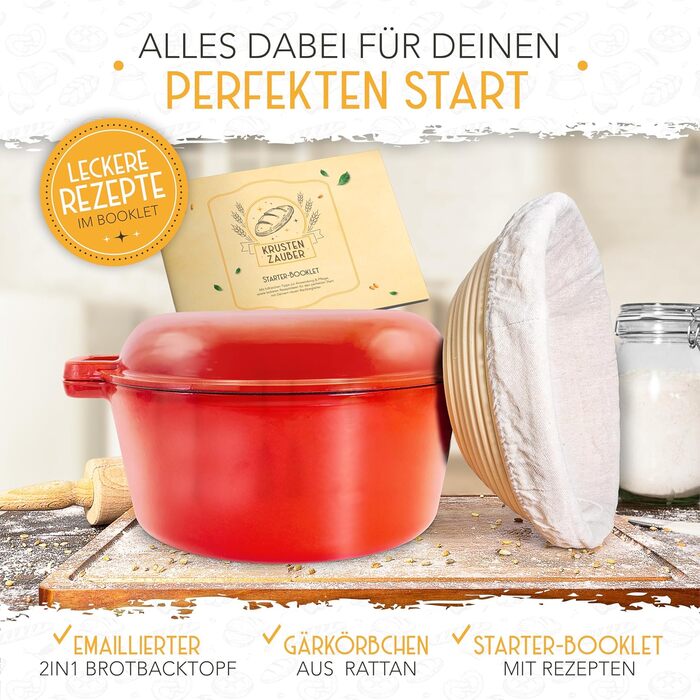 KRUSTENZAUBER Cast Iron Pot for Bread Baking [incl. Proofing Basket] - High-Quality Enamel Pot 26cm - Ideal cast iron pot for baking bread, cast iron pot for bread baking, bread baking accessories…