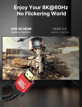 Кабель HDMI 8K JSAUX 3 метри, HDMI 2.1, 48Gbps, 8K@60Hz, 4K@120Hz, HDR, eARC, Dolby Vision, 3D, VRR, сумісний з PS4 Pro, PS5, TV, Blu-ray, проектор, червоний